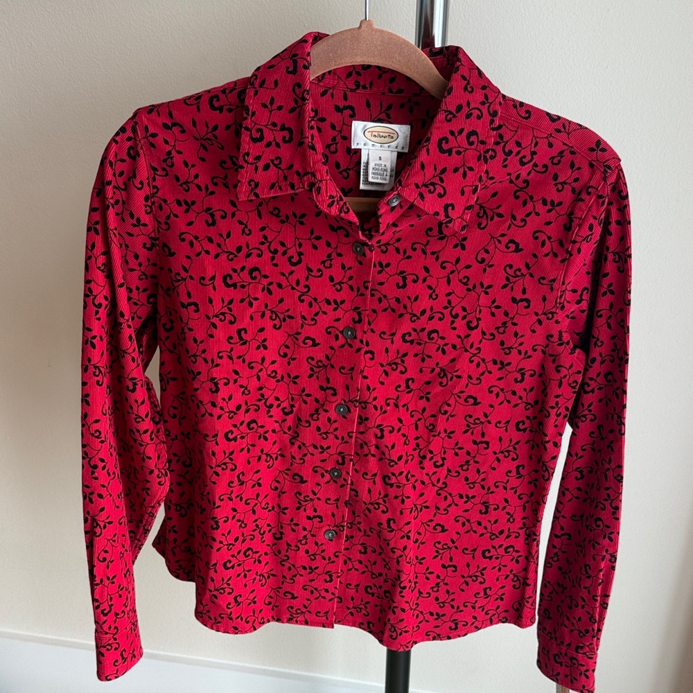 Talbots Red and Black Floral Long Sleeve Corduroy Top. NWT PS